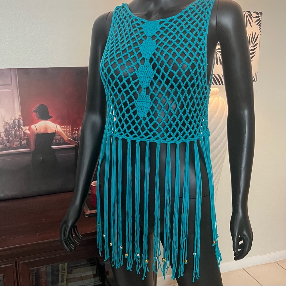 Teal Crochet Fringe Beaded Tank Top Festival Boho